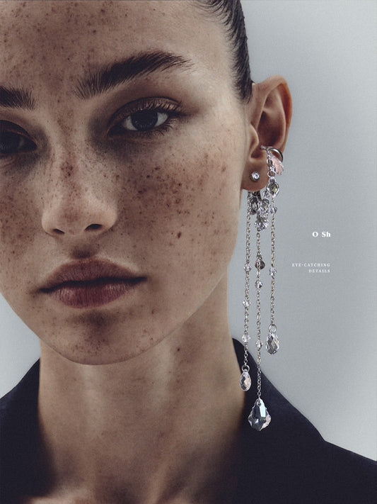 "NAKED CRYSTALS" ASYMMETRIC EAR SET SILVER