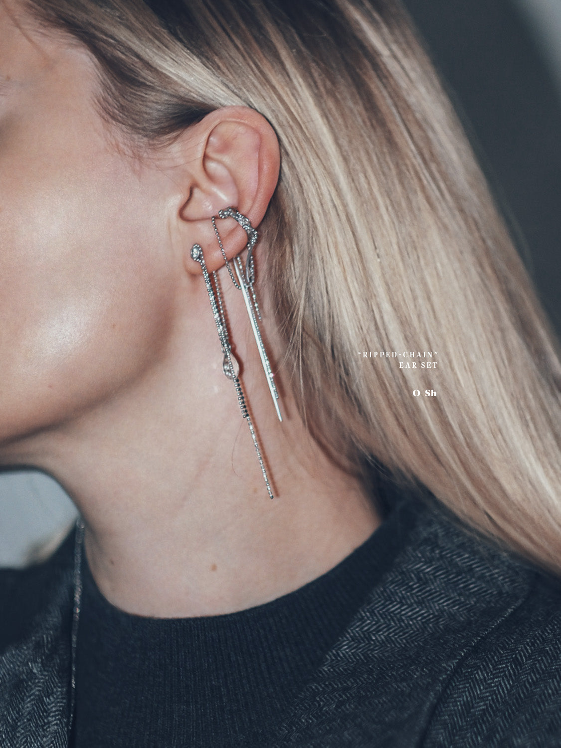 "RIPPED-CHAIN" EAR SET SILVER